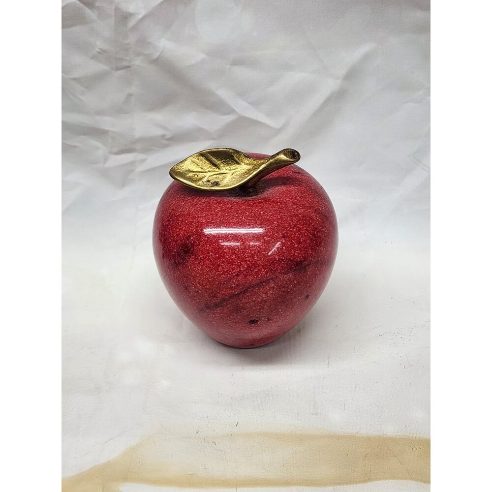 Vintage Marble Stone Alabaster Polished Red Apple Paperweight, Brass Leaf 3.5”